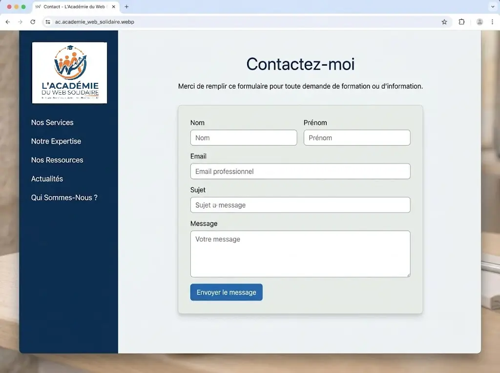 Formulaire de contact en ligne pour s'inscrire à l'Académie du Web Solidaire